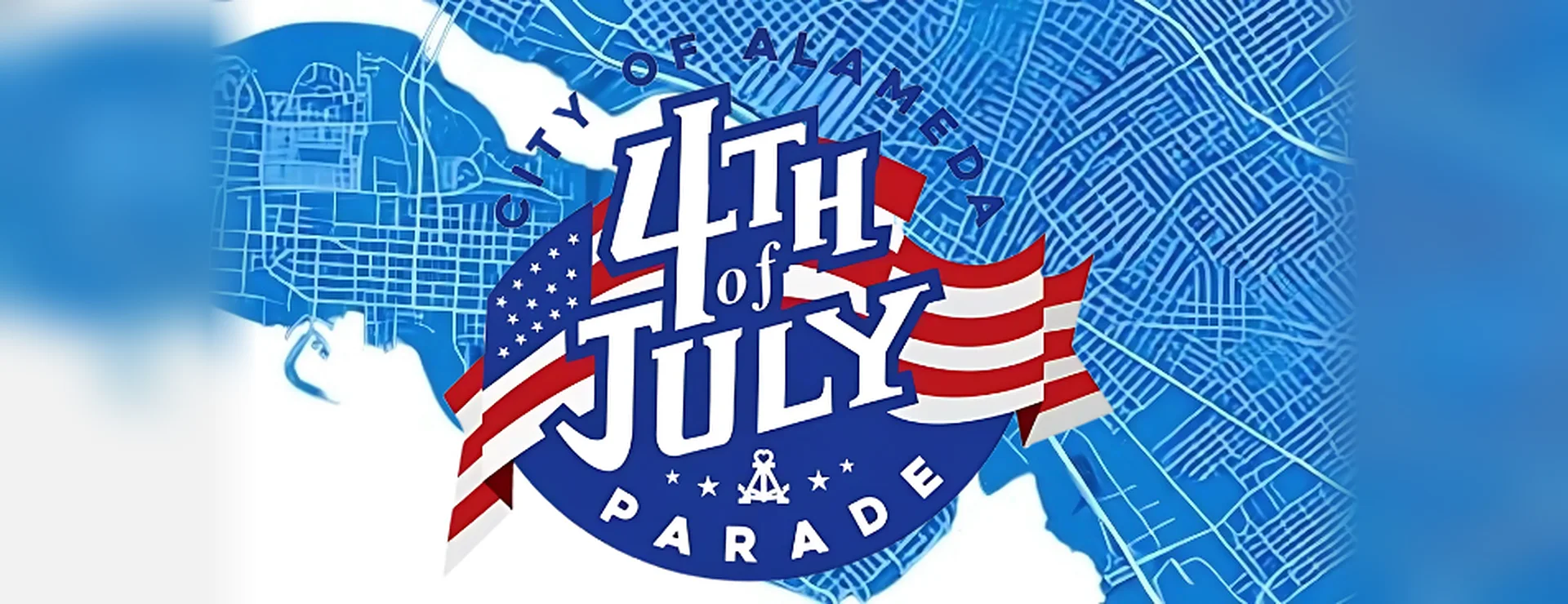 City of Alameda 4th of July Parade logo with a waving American flag over a blue street map of Alameda