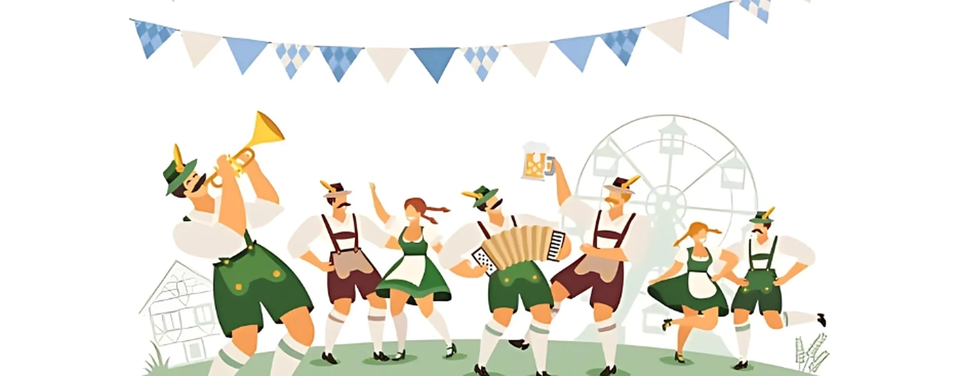 Illustrated Oktoberfest scene: musicians and dancers in Lederhosen and Dirndl under blue-and-white bunting, with a Ferris wheel